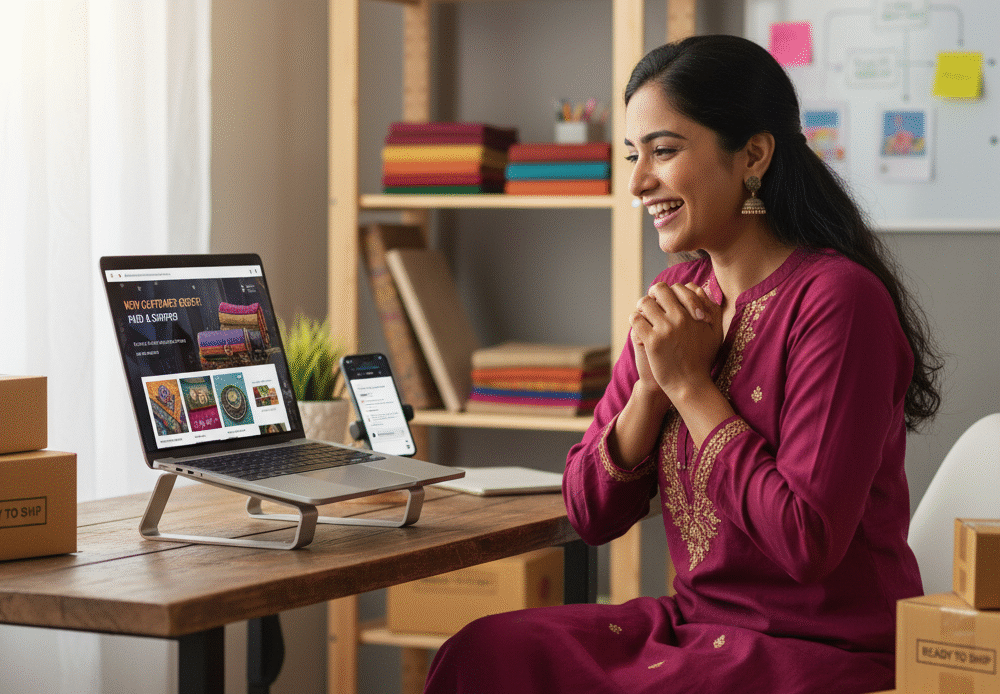 woman happy with sales via her ecommerce website in india